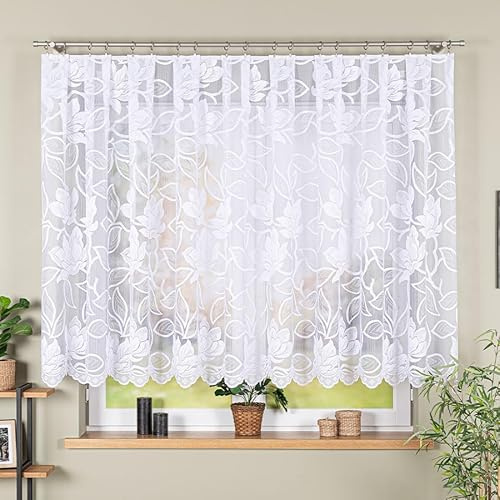 Gardinen Vorhangen Weiß Jacquard 400x150 cm (BxH) Gardine Bardolino für Wohnzimmer, Moderne Fertiggardine mit Kräuselband, Lichtdurchlässige mit Floralem Muster, Pflegeleicht und Bügelfrei