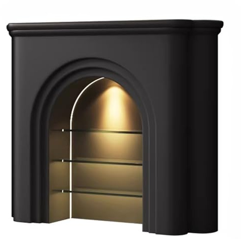Camino in marmo Mobiletto decorativo for caminetto con illuminazione a LED e ripiani. Moderno contenitore ad arco Cornice per camino(Nero,Piccolo)