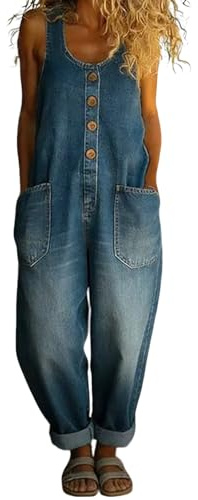 Women's Vintage Denim Jean Overalls Regular-Fit Stretch Straight Leg Roll-Up Baggy Bib Dungarees Washed Cotton Button Front Sleeveless Jeans Coveralls with Pockets for Women UK