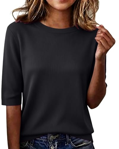 Maglietta Donna Maniche Corte Elegante Estive T-Shirt Casual Girocollo Tinta Unita Magliette Base Tee Shirt Top Bluse Classica Comoda e Versatile T-Shirt Moda Abbigliamento