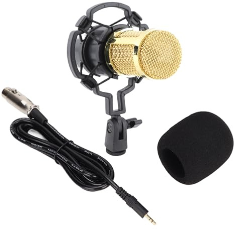 Omquot Microfono a condensatore professionale cablato per trasmissioni chiare, con supporto ammortizzatore per PC portatile (nero oro)