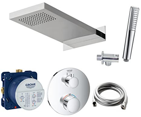 vanvilla Duschsystem mit Unterputz Duscharmatur von Grohe Grohtherm 2-Wege Thermostat und vanvilla Regendusche mit Armatur mit Thermostat, Duschkopf, Dusch-SET G12 poliert