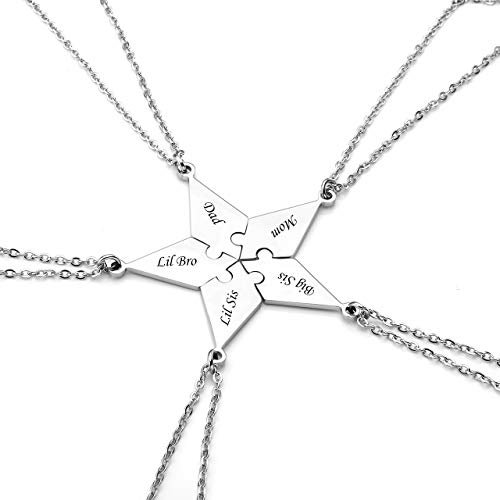 PiercingJ Personalized Gravur 5x Edelstahl Pentagramm Puzzle Anhänger Halskette Freundschaftsketten Partner-Anhänger mit 24 Kette für Herren Damen, Silber (mit Gravur)