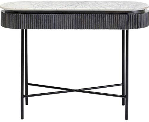 Kare Konsole Glenn, schwarz/grau/weiß, Flurkonsole, 2 Schubläden, Mango Massivholz, heller Marmorplatte, Naturstein, verdeckte Griffmulden, Riffeloptik, 80x100x32cm (H/B/T)