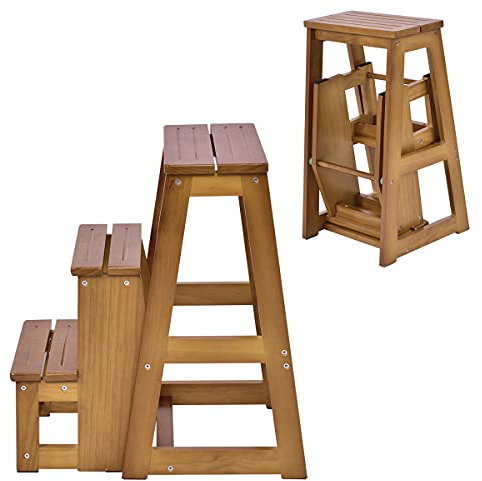 DREAMADE dreistufiger Tritthocker Klappstufen, Trittleiter aus Holz, Treppenstuhl klappbar, Leiterstuhl Hockerleiter Klapphocker, Faltstuhl Trittstuhl Haushaltstritt mit 3 Stufen (Walnuss)