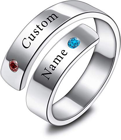 VIBOOS Personalisiert Einstellbar 925 Sterling Silber Twist Ring Gravur Name/Datum für Damen Mädchen Angepasst Geburtssteine Offener Umbruch Verlobungsring der Hochzeit