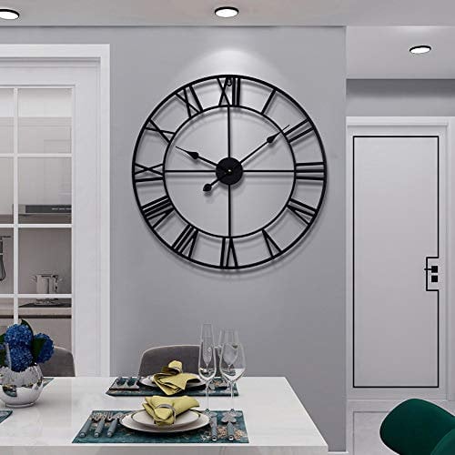 HAITANG Vintage Large Wall Clocks,Silent Non Ticking,Battery Operated,40cm /16 Round, Roman Numerals, Modern Black Metal Clock for Living Room,Bedroom,Kitchen,Office Wall Decor