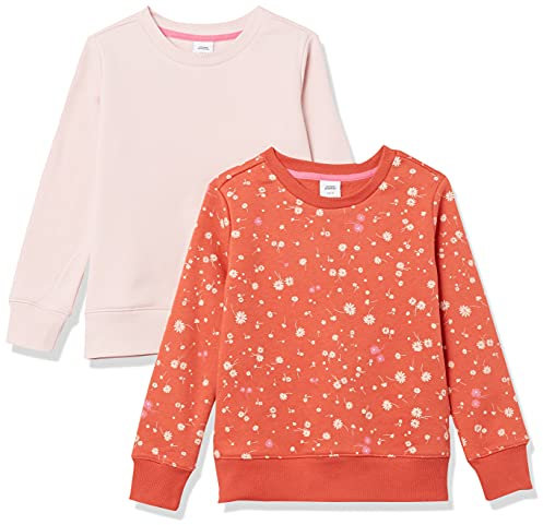 Amazon Essentials Felpe Girocollo in Pile Bambine e Ragazze, Pacco da 2, Arancione Floreale/Rosa Chiaro, 6-7 Anni