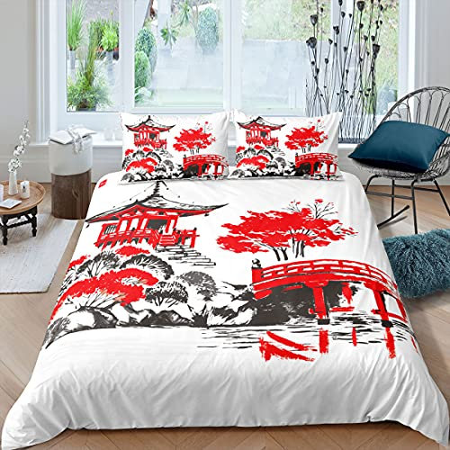 Pintura de Tinta China patrón Funda de edredón Junto Acuarela Gazebo río Puente Ropa de Cama Individual niñas Hombres Paisaje Camas Junto Blanco Negro Rojo decoración