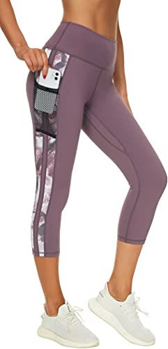 Zinmore Damen High Waist Caprihose Sporthose Tights Yoga Leggings Übung Fitness Workout Leggings mit Handytaschen Pflaume M