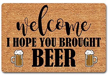 Funny Indoor Entray Welcome Mat with Rubber Back 23.7(L) x 15.9(W)Welcome I Hope You Brought Beer Doormat Home Decor Area Rugs for Entrance Way Novelty Prank Mats for Front Door No Slip Kitchen Rug