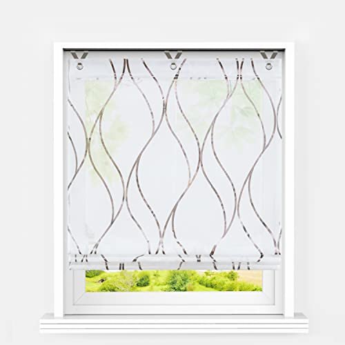 Heichkell Raffrollo mit Hakenaufhängung Ösen Raffgardine mit Foliendruck Transparent Küche Raffgardine Modern Wellen Druckmuster Rollos ohne Bohren Kleinfenster Vorhang Braun BxH 100x130 cm
