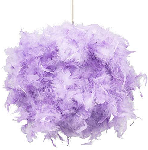 Contemporary and Unique Large Lilac Real Feather Decorated Pendant Light Shade - 40cm Diameter & 40watt Maximum - Beautiful Statement Piece by Happy Homewares