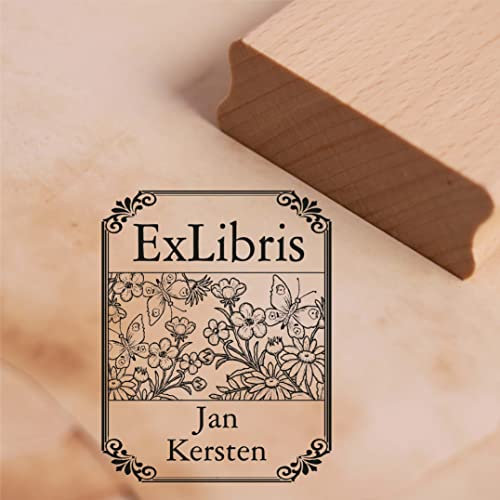 Ex Libris Stempel Frühling Schmetterlinge und Blumen mit Name - Vintage Rahmen - Exlibris Buch Buchmarke Motivstempel Holzstempel - 38 x 48 mm