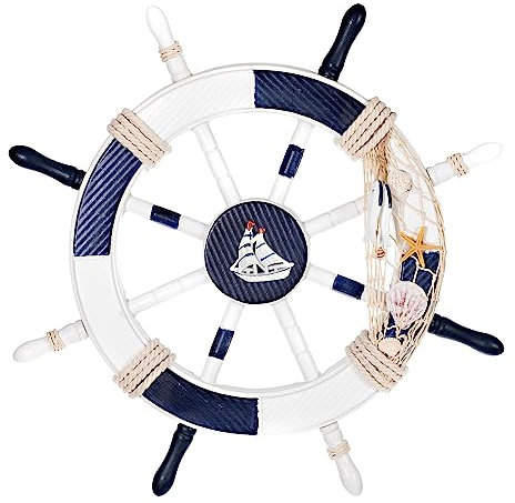 Birendy Holzdeko Steuerrad in Blau Weiß mit maritimen Keramikapplikationen Durchmesser 45cm Perfekte maritime Dekoration (8-Blau-Weiß-Segelschiff)