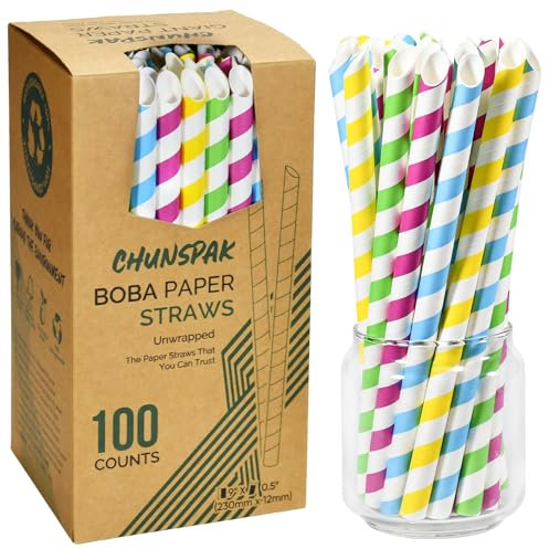 Lot de 100 pailles en papier à pointe large pour boba, thé à bulles, smoothies, milkshakes - 230 x 12 mm - Rayures colorées non emballées
