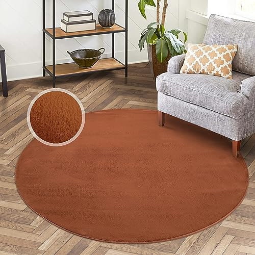 carpet city Hochflor Teppich Wohnzimmer - Einfarbig Terra - 160x160 cm Rund - Super Soft Polyester, Samtig-Flauschiger Flor - Fell-Teppiche für Schlafzimmer, Esszimmer, Arbeitszimmer