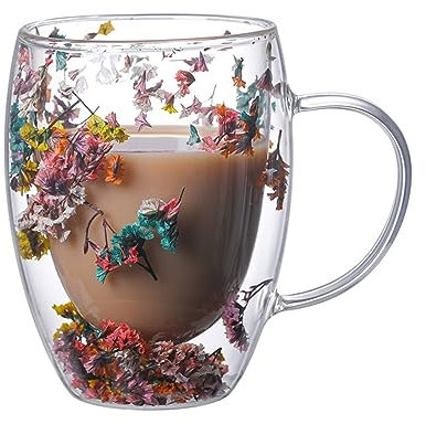 FUZYXIH Tasse en verre à double paroi avec fleurs sèches, escargots de mer, conques, paillettes pour café, jus, lait, joli cadeau tasse à café en verre