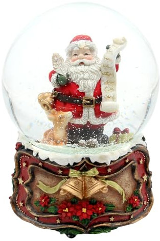 Dekohelden24 Schneekugel Weihnachtsmann mit Geschenkliste und Rehlein auf weihnachtlichen Sockel mit Spielwerk, Melodie Oh du Fröhliche, L/B/H/Ø Kugel 10 x 10 x 15 cm Ø 10 cm