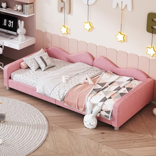 Merax Sofa Bett 90x200cm, Tagesbett mit Rückenlehne und Armlehnen, Multifunktionales Bettrahmen Teddystoff für Kinder, Jugend & Erwachsene, Rosa (Ohne Matratze)