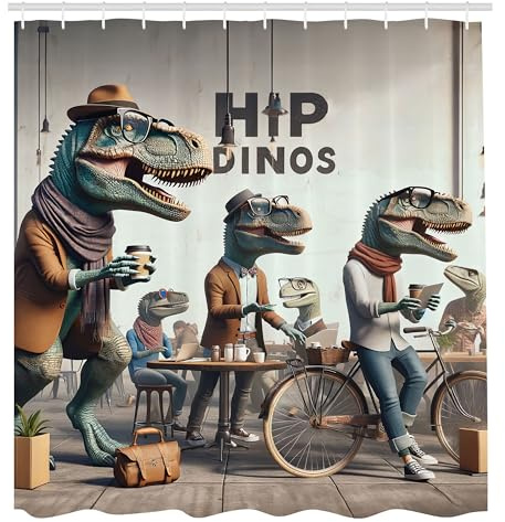 ABAKUHAUS Lustig Duschvorhang, Humorvolle Hipster Dinosaurier im Café zeitgenössischer Kunststil, Stoffliches Gewebe Badezimmerdekorationsset mit Haken, 175 x 200 cm, Sepia Teal Blasses Rost