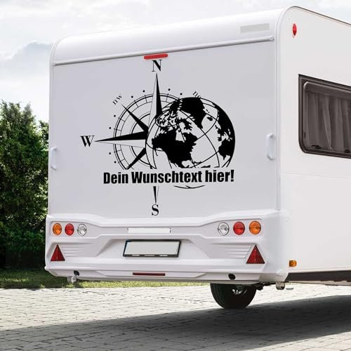 2 x Kompass Erdkugel mit Wunschtext Farb&Größenwahl Wohnwagen Wohnmobil Camper Autoaufkleber personalisierbar Sticker Globus Links/rechts