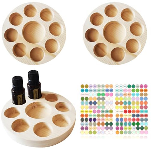 WishesMar 3 Stück 9 Slots Ätherisches Öl Halter Regal aus Holz - Bietet Platz für 5-15 ml Ätherisches Öl-Flaschen - Aufbewahrungs Ständer Gestell Organisator für Ätherische Öle und Duftöle