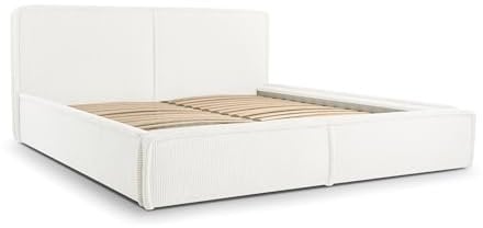 mb-moebel MOEBLO Polsterbett Bett 04 – Doppelbett mit Cord Bezug, Kopfstütze, gepolstertes Kopfteil, Rahmenbettgestell, Bettkasten und Lattenrost - (Weiß, 160x200)