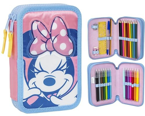 Federmäppchen mit 3 Fächern, Minnie Mouse, Rosa, 12,5 x 4,5 x 19,5 cm, aus Polyester und PVC, mit Reißverschluss, inklusive Zubehör, Originalprodukt, entworfen in Spanien, Rosa, Federmäppchen mit 3