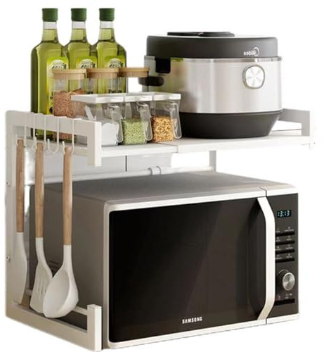 Soporte Extensible for Horno De Microondas Rejilla for Encimera De Cocina Organizador Estanteria Mueble Microondas Rack De Almaceamiento 2 Niveles Con Ganchos(Color:White)