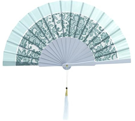 MAPIMANIA - Faltbare Fächer aus Spitze und Seide mit Schutzhülle türkis, bestickte Fächer Hochzeit faltbar, Spanischer Fächer, Japanischer Fächer