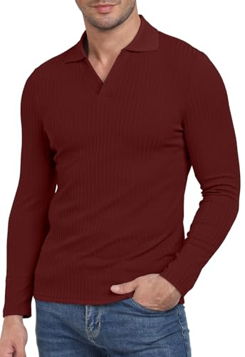 AIYINO Long Sleeve t Shirt Mens V Neck Rib Knit Casual Plain Polo Top | Stretchy poly elastane fabric, anti pilling non deform, ribbed cuffs, slim fit, golf office wear, S XXL sizes, nice men gift