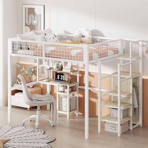 Ctastay Kinderbett Etagenbett 90x200 cm mit Rausfallschutz, Bett Hochbett Metallbett mit Tisch & Stauraum Kleider-Schrank, Jugendbett Familienbett mit Treppe & Lattenrost, Metall, Weiß, Ohne Matratze