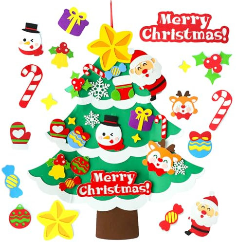 ENUOLI Felt Christmas Tree, Xmas Tree Set with Elk Candy Santa Claus Snowman DIY Christmas Decorations 21 Pieces Removable Ornaments Hanging Decoration for Toddlers Christmas Home Door Wall Hanging