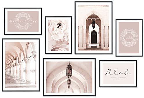 Hyggelig Home Premium Poster Set - 7 islamische Bilder - Muslimisch Arabisch Islam - Set Pink Rose - mit Rahmen schwarz