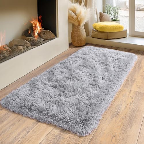 BSGIFT Teppich Hochflor Flauschig 80x150 Läufer Grau, Shaggy Langflor Teppich Wohnzimmer rutschfest für Schlafzimmer Kinderzimmer, Modern Wohnzimmerteppich Bettvorleger High-Pile Carpet