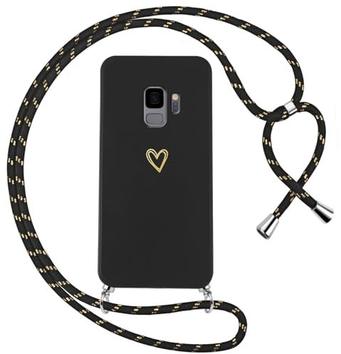 Oelrstfe Coque pour Samsung Galaxy S9 avec Cordon de Collier Étui Housse Souple Silicone avec Motif Coeur et Portable Lanyard Réglable Antichoc Anti-Chute Bandoulière Lanière Case,Noir