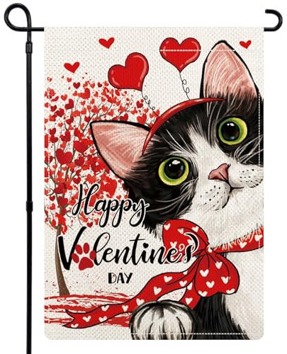 YOVOYOA Schwarze Katze Valentinstag Gartenflaggen für draußen, Frühling Liebe Herz Baum Katze Garten Flaggen 30,5 x 45,7 cm doppelseitig, Frühlingswillkommens-Rasenflaggen, Urlaub, Valentinstag,