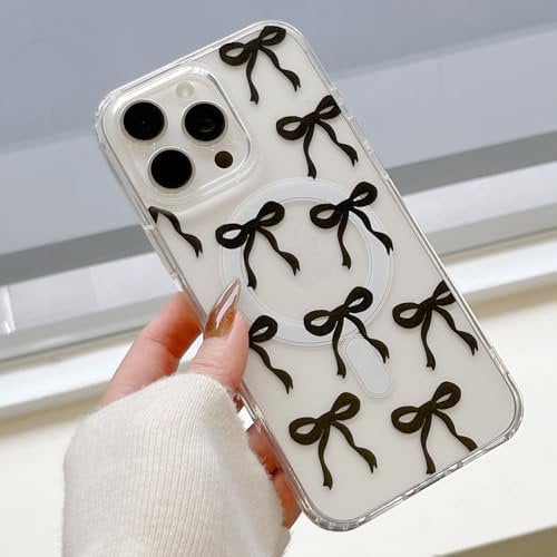 UEEBAI Magnetic for iPhone 16 Pro Max Case, Bow Case Compatible with MagSafe, Wireless Slim Clear Ribbon Aesthetic Phone Case Anti-Yellowing Shockproof Protective Cover for Women Girl - Black
