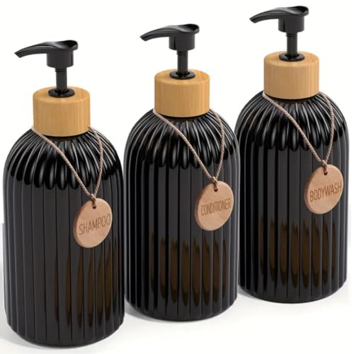 Seifenspender für Bad, 3 Flaschen für Shampoo und Conditioner, 500 ml, mit 3 Bambus-Anhängern, eleganter Seifenspender, verbessert den Stil Ihres Zuhauses (schwarz)