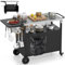 TANGZON Outdoor Grill Dining Cart, Pizza Oven Cart with Stainless Steel Top, Foldable Side Table, Storage Cabinet, 6 Hooks, Outdoor BBQ Grill Table on Wheels for Party Home Gathering Picnic