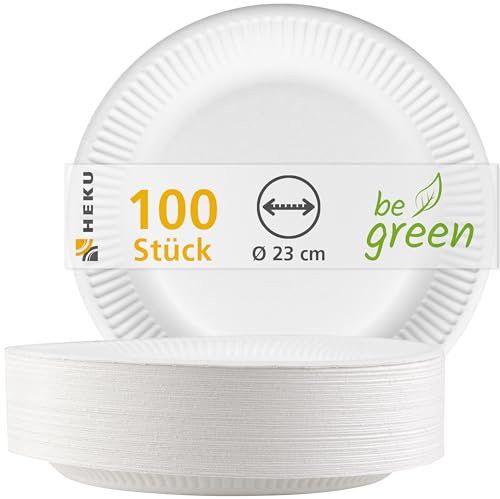 HEKU Einwegteller aus Pappe, Ø 23 cm, 100 Stück – stabile 220g/m² Frischfaser – 100% kompostierbar & umweltfreundlich – weiße Pappteller für Partys, Feiern & Feste