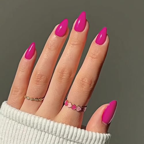 KQueenest 30 Stück Heiß Rosa Press On Nails Kurz Mandel - Acryl Nägel zum Aufkleben, Natürlich Einfarbig Fake Nails Fingernägel zum aufkleben, Glänzende Gel Full Cover Kunstnägel für Frauen