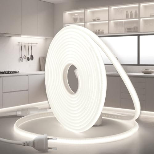BRIMETI Ruban LED COB 10M 220V Blanc Froid 6000K Exterieur Bande Imperméable Etanche Ip65 320LEDS/M Flexible Recoupable Néon Ruban LED pour Intérieur et Extérieur Cuisine Chambre Maison Escalier