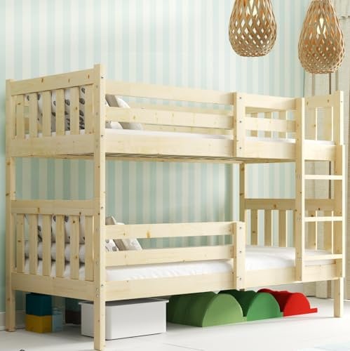 Interbeds Etagenbett Hochbett Stockbett aus Kiefernholz roh mit Leiter und Lattenrost Naturholz Schublade (190x90)