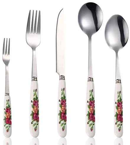 Besteck Set,ESYFOR 5 Stück Edelstahl Besteckset Hochglanzpoliert Elegantes Florales Muster Essbesteck Gabel Löffel Spülmaschinenfest für Familie Party Restaurant