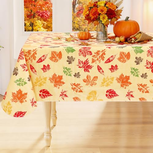 Smiry Fall Rectangle Table Cloth, Waterproof Vinyl Tablecloth with Flannel Backing, Wipeable Autumn Leaves Plastic Tablecloths for Harvest and Thanksgiving Parties (52x70, Rust & Yellow)