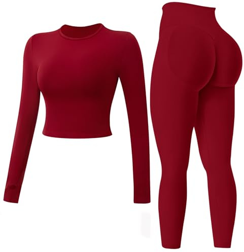 Seamless Workout Sets for Women 2 Piece Long Sleeve Crop Top Hidden Scrunch Leggings Yoga Outfits Gym Tracksuit