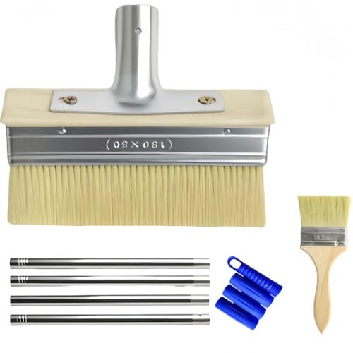 63 Long Handle Extendable Decking Paint Brush, Multipurpose Deck Stain Applicator with 3 Paint Brush for Outdoor Floors, Walls, Fence, Shed, Masonry and Wood Furniture Surfaces,Silver