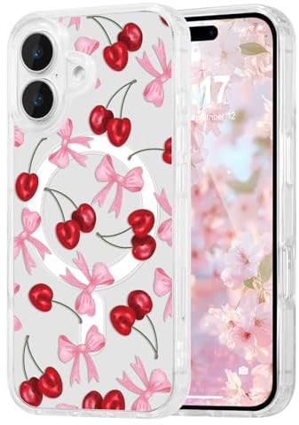 DEFBSC für iPhone 16 Hülle Magnetisch Schleifen, Rote Kirsche | Kompatibel mit MagSafe,Niedliche Ästhetische Tansparent Handyhülle,Weiche TPU Stoßfest Schutzhülle für Frauen Mädchen